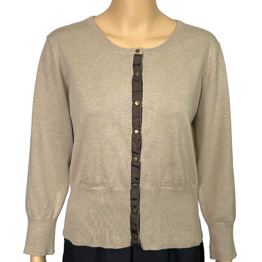 Vintage Essentials‎ By Milano Womens L Tan Snap Up Stretch Cardigan Sweater Top